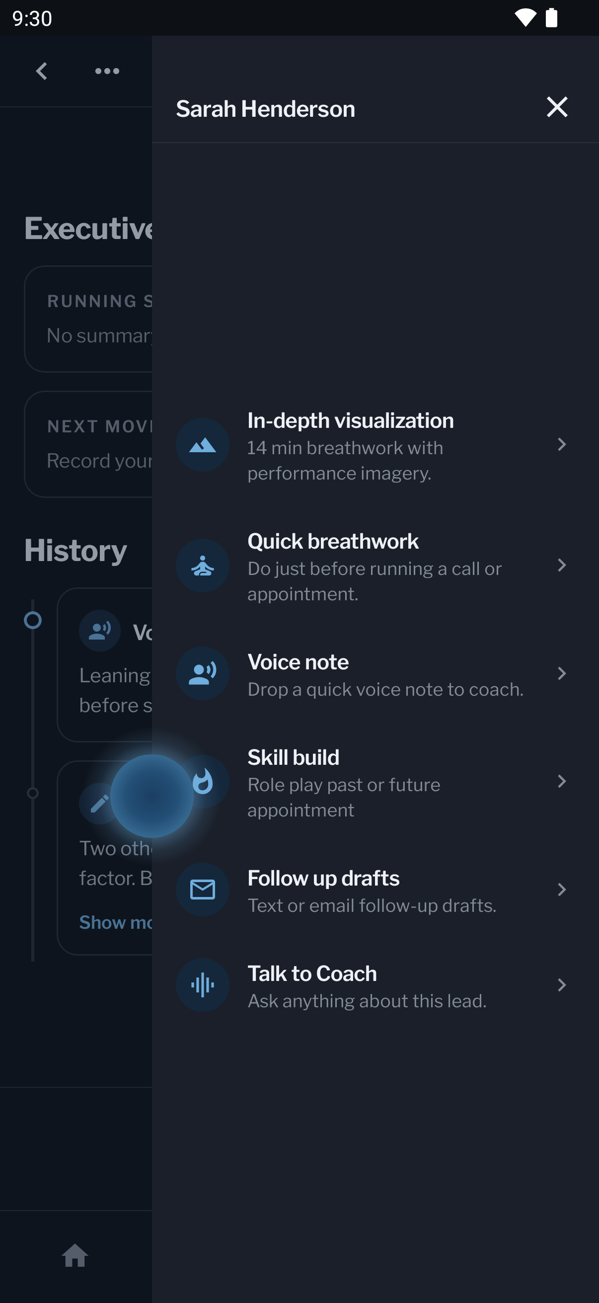 Coach drawer on the lead — visualization, breathwork, skill build, and talk to coach