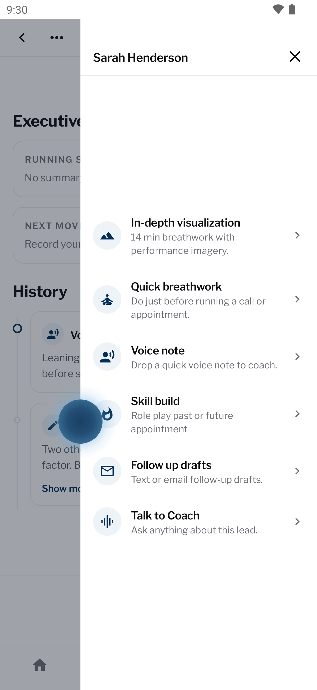 Coach drawer on the lead — visualization, breathwork, skill build, and talk to coach